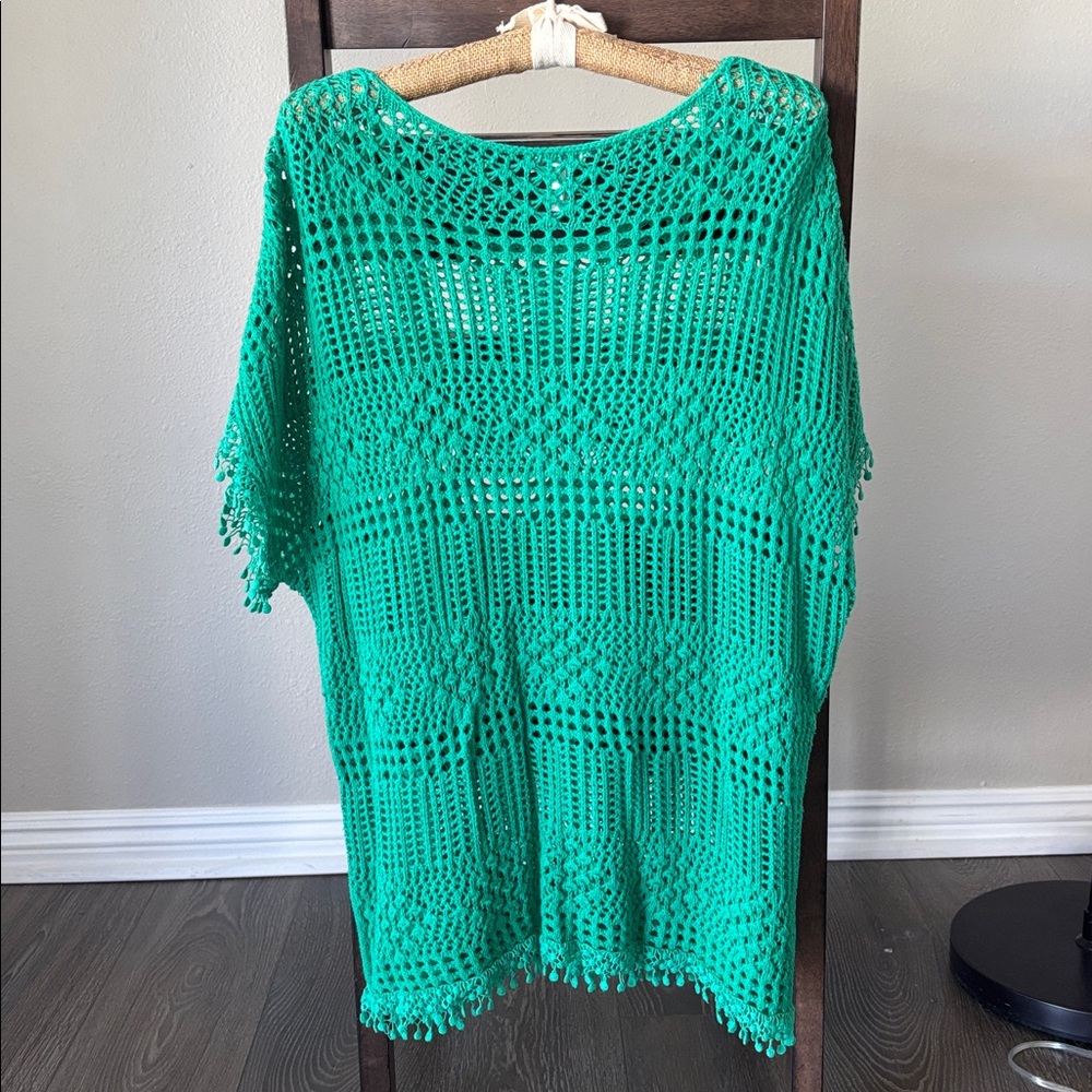 Chico's Crochet Open Knit Pullover Beach Cover Up Green Size 2 - Picture 2 of 5